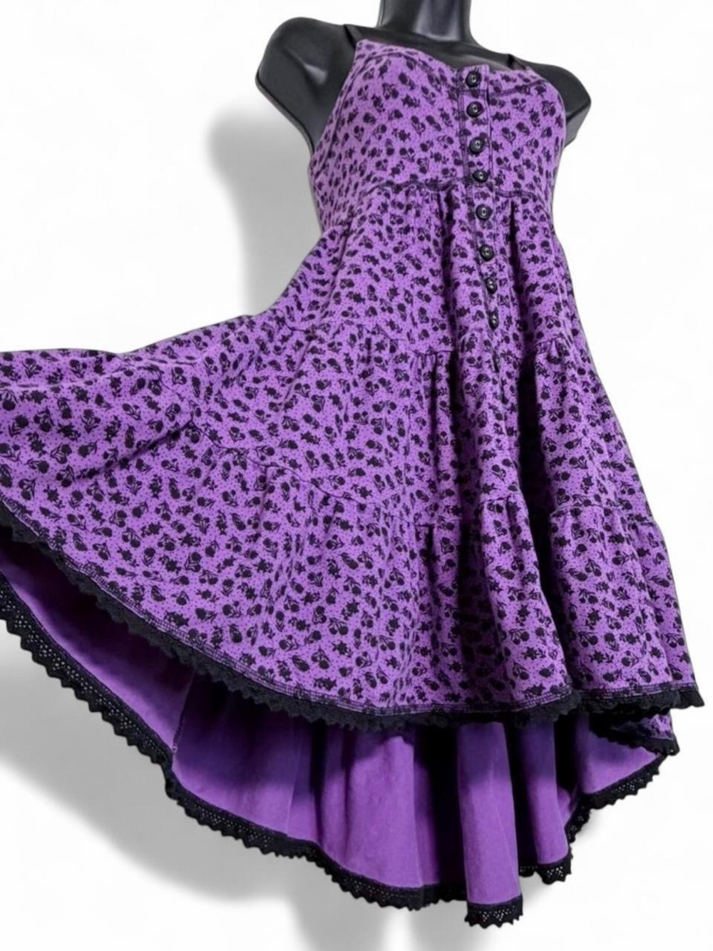 Vintage S Betsey Johnson Purple Black Floral Tiered Midi Dress Crochet Trim Y2K